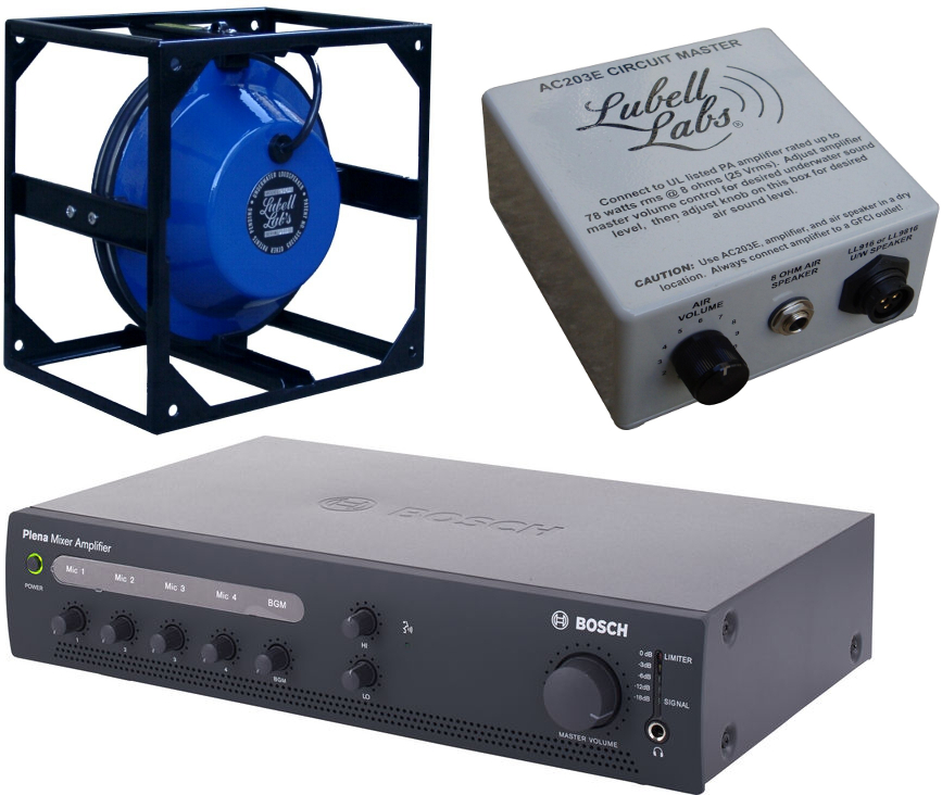LL916 Basissystem: Lautsprecher LL916C im Käfig, Übertragerbox AC203E und ein PA-Verstärker